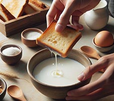 Unas manos mojando una rebanada de pan en un plato de leche